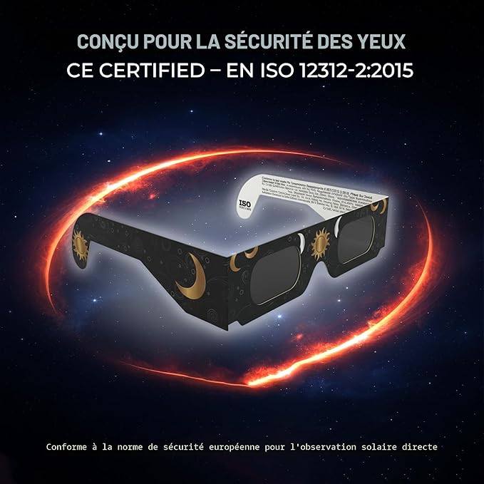 Lot de 2 paires de lunettes pour éclipse solaire certifiées ISO 12312-2 et CE pour voir le soleil en toute sécurité - Éclipse totale du 12 août 2026
