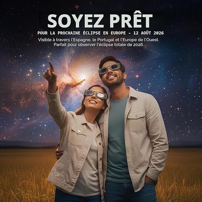 Lot de 2 paires de lunettes pour éclipse solaire certifiées ISO 12312-2 et CE pour voir le soleil en toute sécurité - Éclipse totale du 12 août 2026